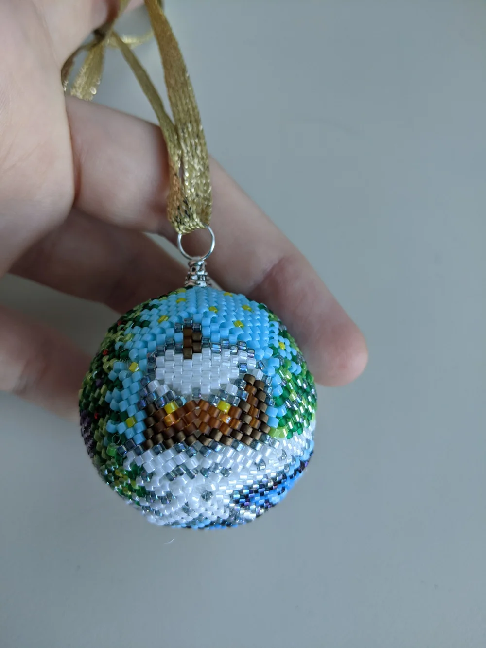 Handcrafted Beaded Snowman Ornament - Blue, Green, Red